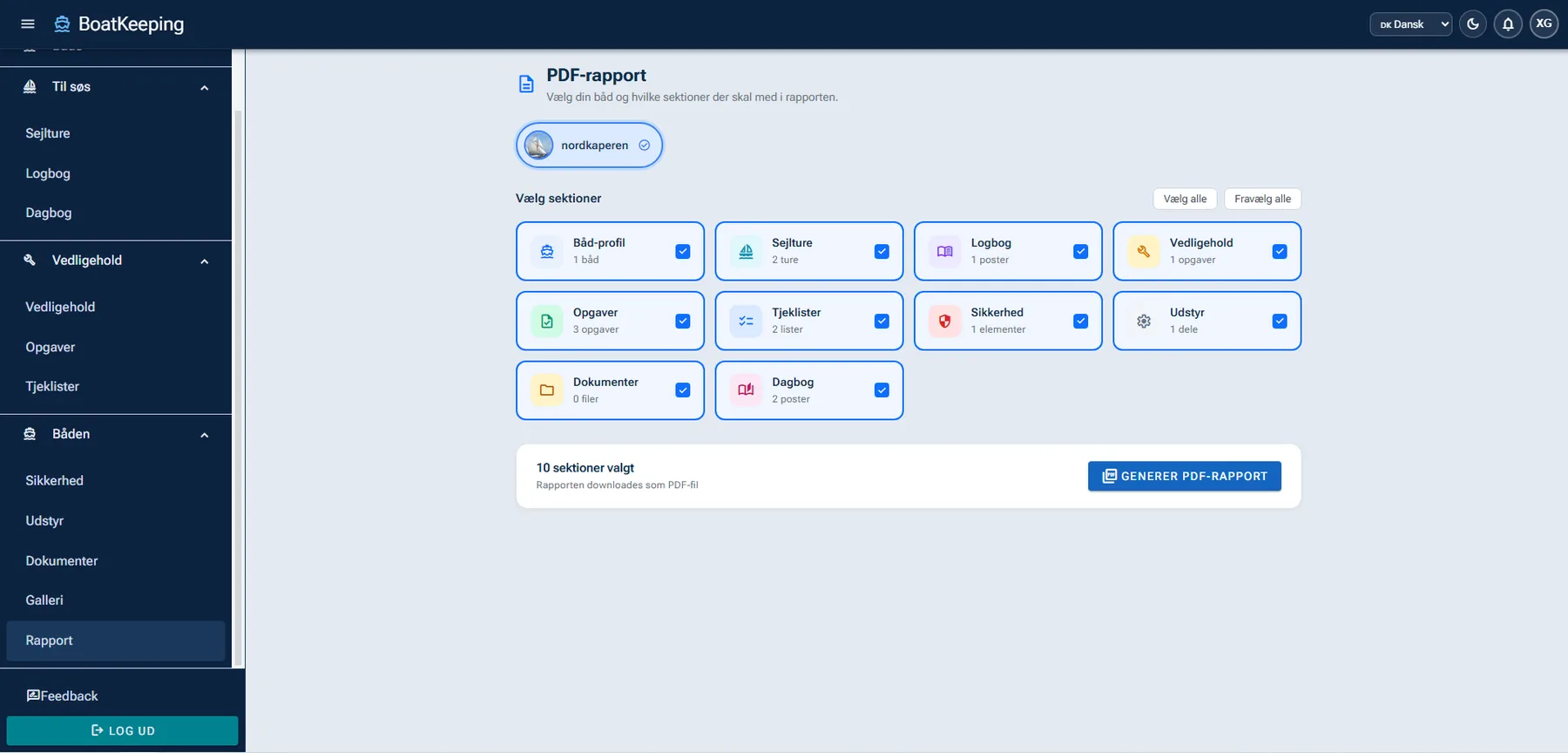 PDF-rapport med valgfrie sektioner