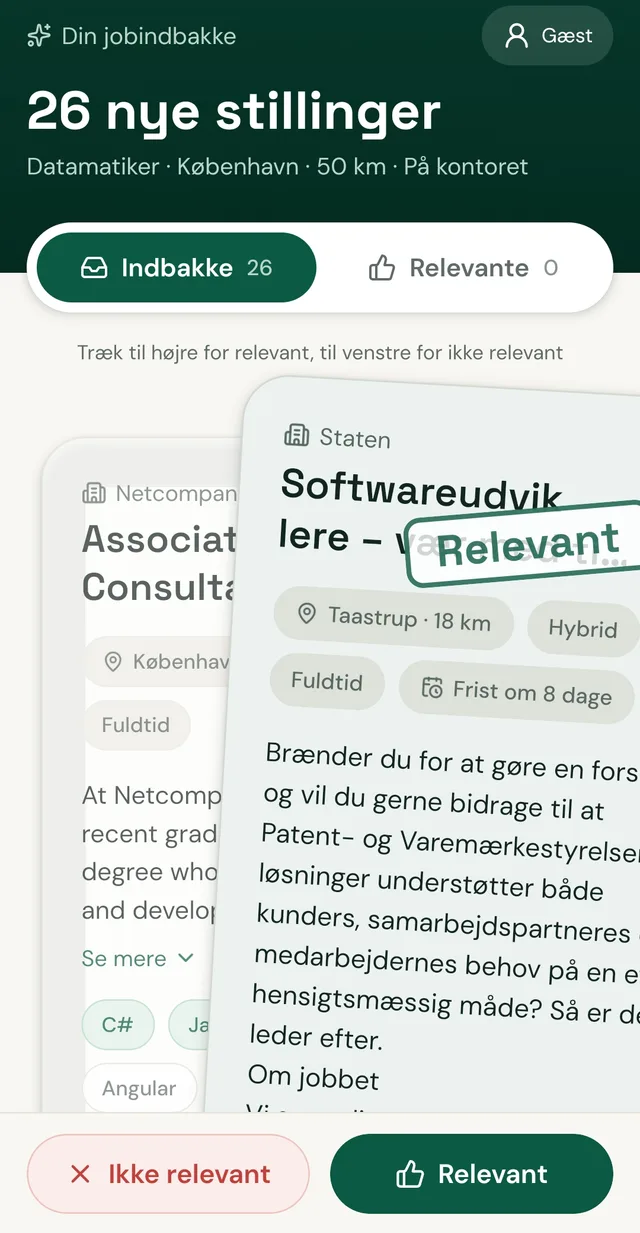 Et jobkort swipes til højre som relevant